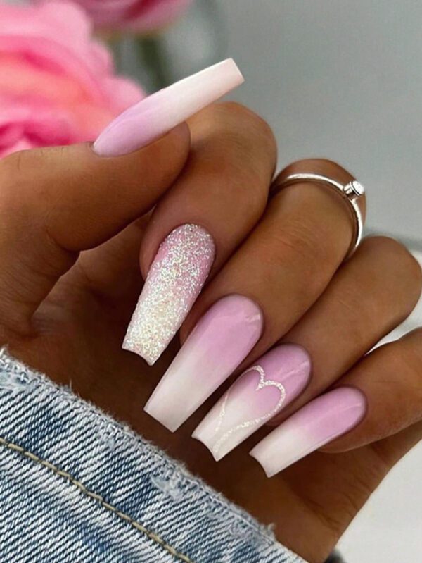 24 Pièces en poudre blanche laiteuse Long gradient ongles de ballet ongles en forme de tablette + 1 pièce de colle en gelée 24 +1 Tampon de vernis à ongles Press On Clous manicure – Image 2