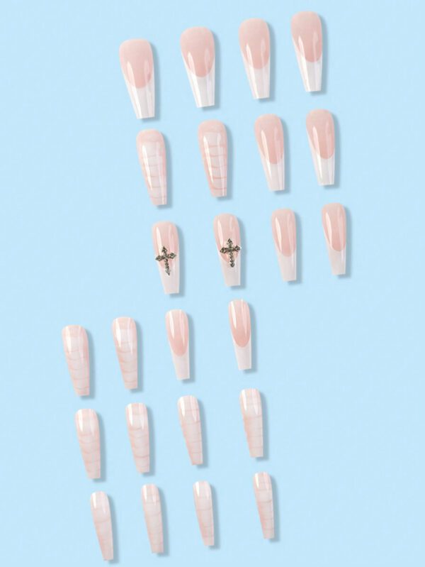 24 pièces Nouvelles fausses ongles longues de ballet croisés et de motif blanc serpent conçues spécialement pour les filles avec 1 pièce de colle en gelée et 1 bande de frottement, réutilisables pour une utilisation quotidienne des filles dans la rue, des jeux en campus, des rendez-vous à la plage, des mariages, des salons et d'autres festivals, fournitures d'ongles pressés à chaud. – Image 2