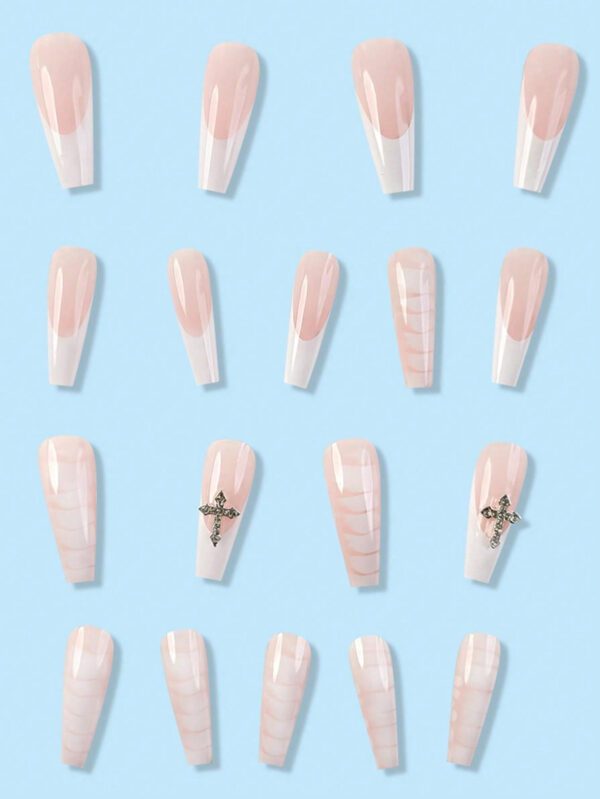 24 pièces Nouvelles fausses ongles longues de ballet croisés et de motif blanc serpent conçues spécialement pour les filles avec 1 pièce de colle en gelée et 1 bande de frottement, réutilisables pour une utilisation quotidienne des filles dans la rue, des jeux en campus, des rendez-vous à la plage, des mariages, des salons et d'autres festivals, fournitures d'ongles pressés à chaud. – Image 8
