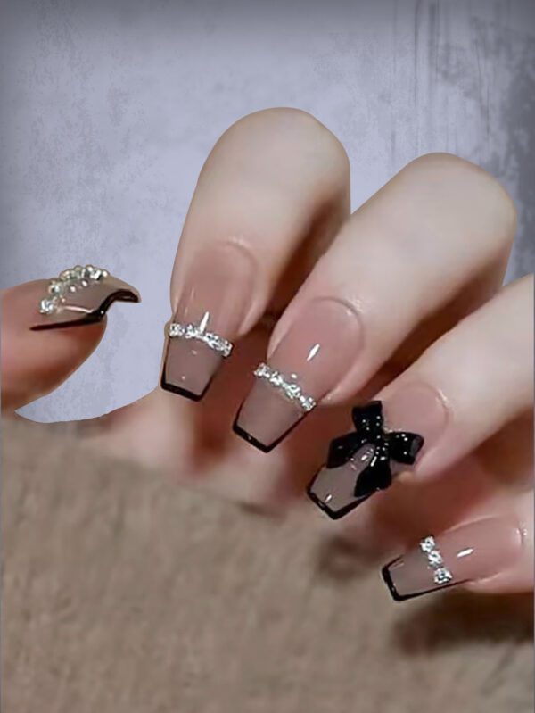 ROMWE Kawaii 24 pièces Faux ongles long cercueil à nœud papillon & 1 pièce Lime à ongles & 1 feuille Ruban