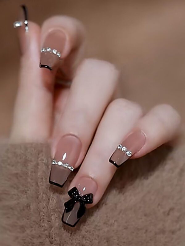 ROMWE Kawaii 24 pièces Faux ongles long cercueil à nœud papillon & 1 pièce Lime à ongles & 1 feuille Ruban – Image 2