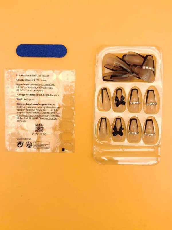 ROMWE Kawaii 24 pièces Faux ongles long cercueil à nœud papillon & 1 pièce Lime à ongles & 1 feuille Ruban – Image 5