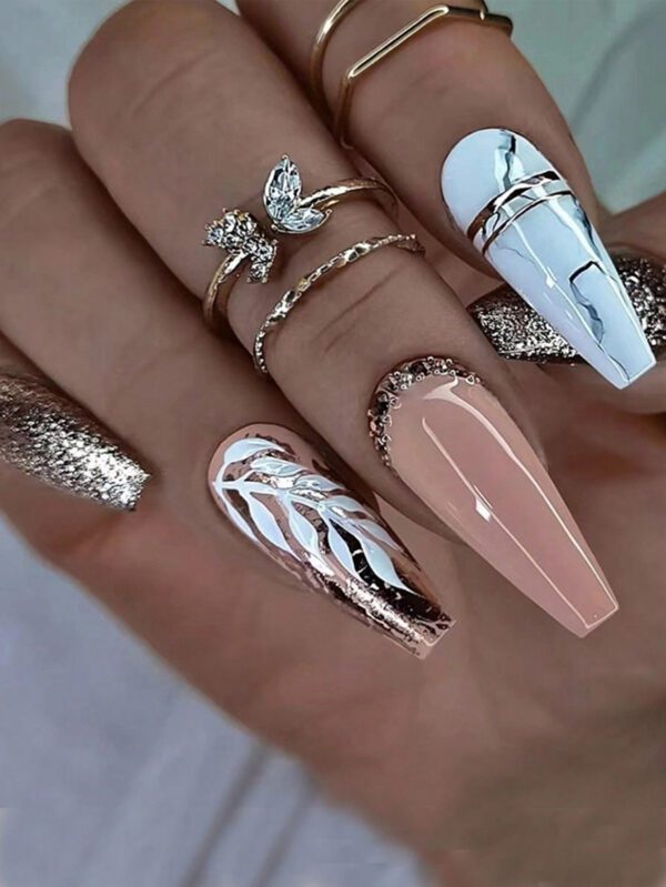 24 pièces de faux ongles carrés courts à pression 3D avec nœud pour rehausser votre apparence, ongles artificiels avec 1 colle à ongles et 1 lime à ongles – Image 3