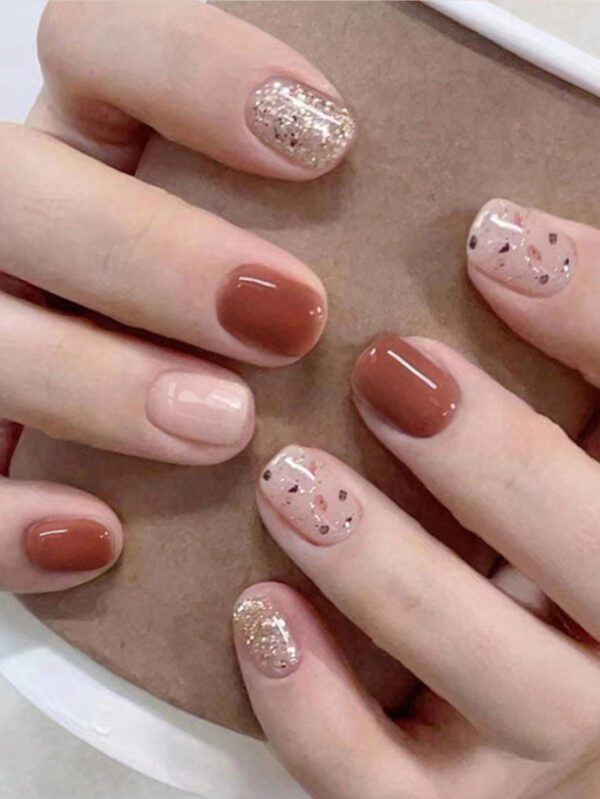 24 pièces de faux ongles carrés courts à pression 3D avec nœud pour rehausser votre apparence, ongles artificiels avec 1 colle à ongles et 1 lime à ongles – Image 5
