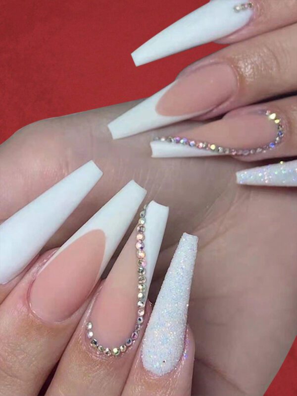 ROMWE 24 pièces Faux ongles long cercueil à strass & 1 feuille Ruban