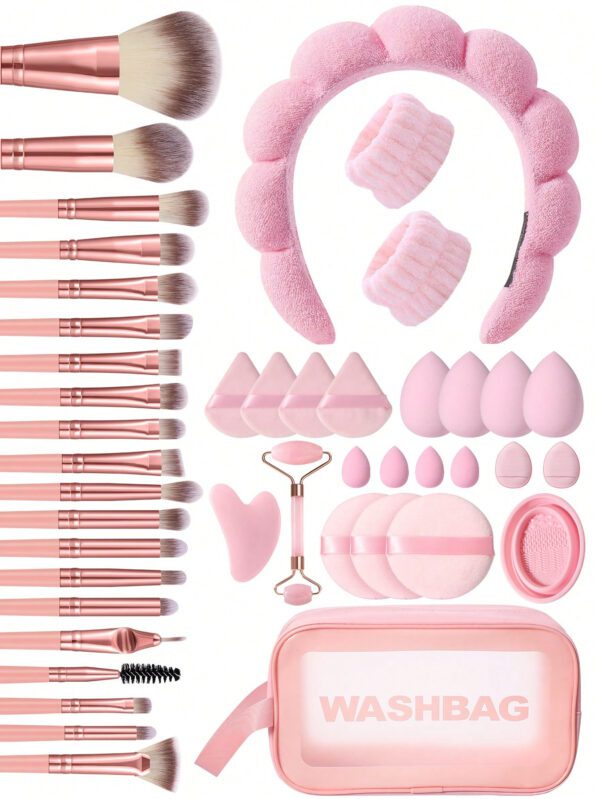 5/17/21/22/23/36/44 pièces Ensemble d'outils de maquillage comprenant: 1 pièce Sac de toilette et de cosmétique zippé multifonctionnel et imperméable + 20 pièces Ensembles de pinceaux de maquillage + 4 pièces Éponges de maquillage + 4 pièces Mini éponges de maquillage + 4 pièces Tampons de poudre triangulaires + 2 pièces Mini tampons de poudre à coussin d'air + 3 pièces Tampons de poudre circulaires + 1 pièce Rouleau de massage + 1 pièce Plaque Guasha + 1 pièce Serre-tête + 2 pièces Sangles pour bol à main pour empêcher l'eau de couler dans les vêtements + 1 pièce Outils de nettoyage des pinceaux de maquillage