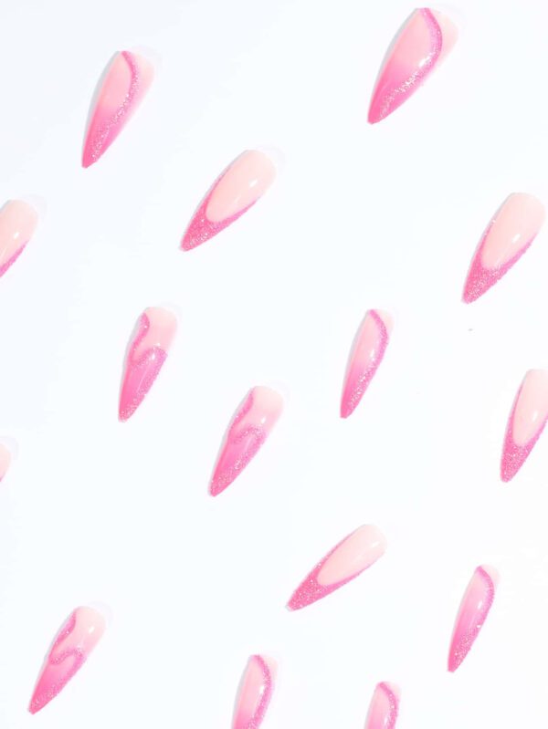 24 pièces Faux ongles roses brillants pour femmes avec forme longue pointue, avec adhésif et lime à ongles, ongles pressés, fournitures pour ongles – Image 3