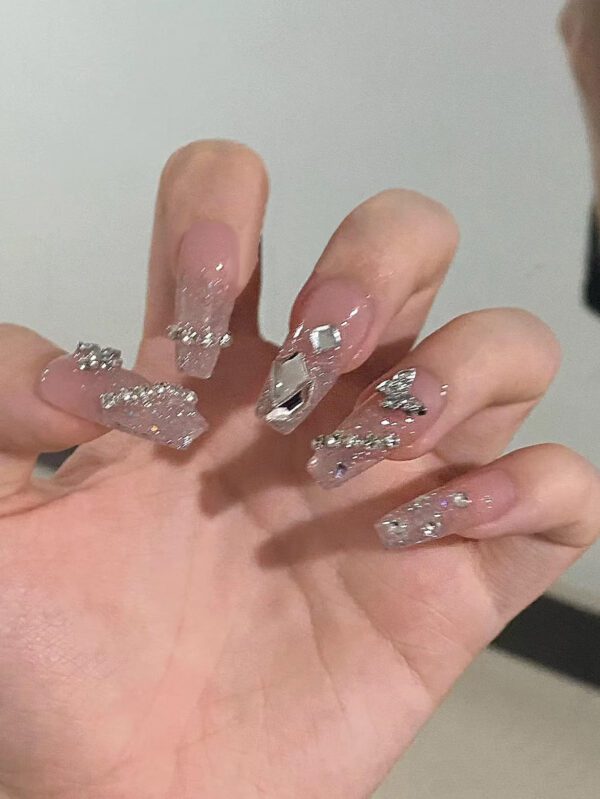 30 pièces de faux ongles courts en forme de cercueil de vampire avec poudre nacrée métallique. Set complet comprenant 1 pièce de gel de gelée et 1 pièce de bloc tampon. Convient pour les fêtes, la danse et le port quotidien – Image 2