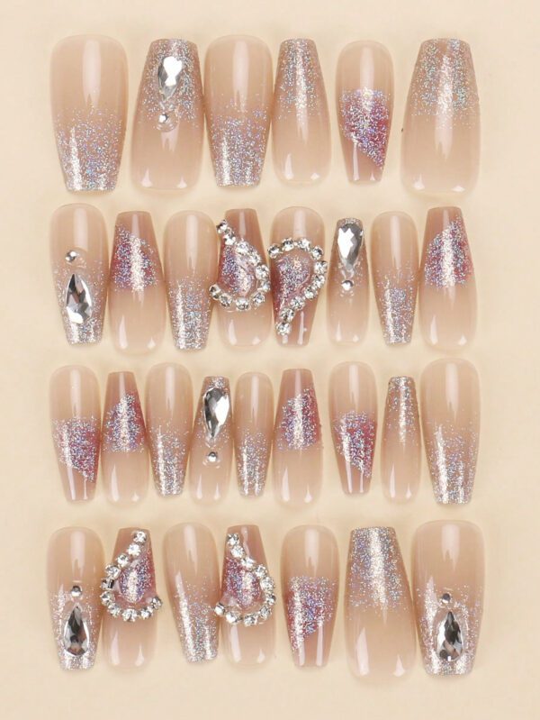 30 pièces de faux ongles courts en forme de cercueil de vampire avec poudre nacrée métallique. Set complet comprenant 1 pièce de gel de gelée et 1 pièce de bloc tampon. Convient pour les fêtes, la danse et le port quotidien – Image 3