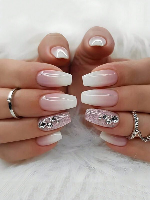 24 pièces Faux ongles avec décor en strass en forme de cercueil long & 1 pièce feuille de ruban adhésif & 1 pièce lime à ongles Kit de manucure press-on avec gel à paillettes, fournitures pour ongles – Image 2
