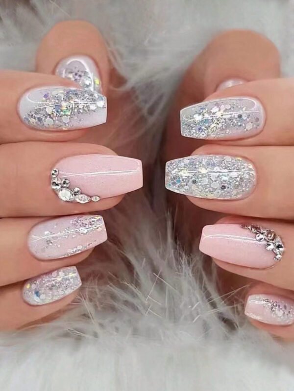 24 pièces Faux ongles avec décor en strass en forme de cercueil long & 1 pièce feuille de ruban adhésif & 1 pièce lime à ongles Kit de manucure press-on avec gel à paillettes, fournitures pour ongles – Image 3