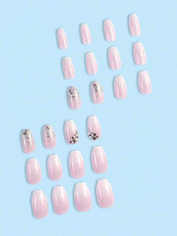 24 pièces Faux ongles avec décor en strass en forme de cercueil long & 1 pièce feuille de ruban adhésif & 1 pièce lime à ongles Kit de manucure press-on avec gel à paillettes, fournitures pour ongles – Image 4