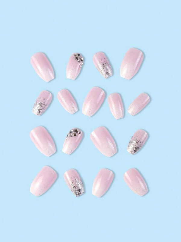 24 pièces Faux ongles avec décor en strass en forme de cercueil long & 1 pièce feuille de ruban adhésif & 1 pièce lime à ongles Kit de manucure press-on avec gel à paillettes, fournitures pour ongles – Image 5