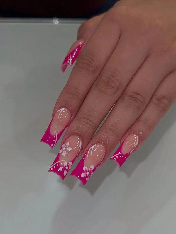 24 pièces Ongles faux imprimé feuille bleue de fleur de cerisier doux avec une couleur blanche française pour un port quotidien des femmes & 1 pièce Kit de faux ongles complet & 1 kit d'autocollant de colle pour ongles pour fille mère femme cadeau et fournitures pour ongles et en gros, ensemble d'art d'ongle blanchissant avec ongles faux détachables pour festival, fête, rendez-vous et pression à ongles pour port quotidien. – Image 2