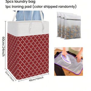 1 pièce Panier à linge en canevas + 3 pièces Sac à linge + 1 pièce Set de tapis à repasser, grande taille avec long manche, panier de stockage de vêtements sales en bâche, panier de rangement de vêtements minimaliste, sac polypropylène pliable multi-usages, grand panier pour vêtements sales, convient pour la salle de bain, la chambre, le salon, le stockage de jouets, le rangement à la maison