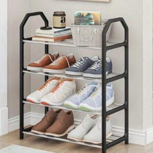 Étagère à chaussures en métal, étagère à chaussures à 4 niveaux, organisateur de étagère à chaussures empilable à quatre niveaux, style décontracté, rangement de sac à main en plastique léger, avec cadre en acier inoxydable, étagère de rangement réglable pour organisateur de chaussures