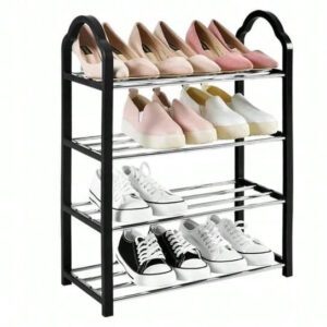 Étagère à chaussures en métal, étagère à chaussures à 4 niveaux, organisateur de étagère à chaussures empilable à quatre niveaux, style décontracté, rangement de sac à main en plastique léger, avec cadre en acier inoxydable, étagère de rangement réglable pour organisateur de chaussures