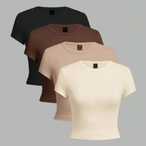 SHEIN EZwear 4pcs Set Women Crew Neck Short Sleeve Fitted T-Shirts, Suitable For Summer