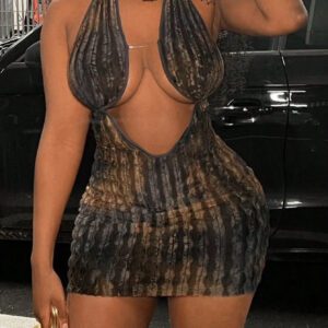 SHEIN Slayr Sexy Blue/Brown Tie Dye Dyed Knitted Mini Dress With Halter Neck, Open Back, Chest Cut-Out And Semi-See-Through Cow Lace Hem