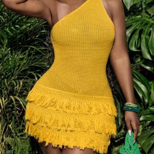 SHEIN Slayr New Spring/Summer Mini Dress, Versatile Casual Vacation Dress, Suitable For Daily Casual Wear, Vacation, Cruise Travel, Beach, Sunbathing, Twist One Shoulder, Textured Fabric, Tassel Hemline - Z