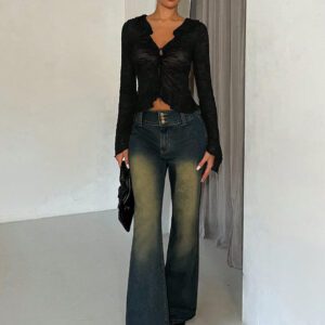 SHEIN BAE Top court d'été transparent avec volants en dentelle, couleur noire unie, pour femme