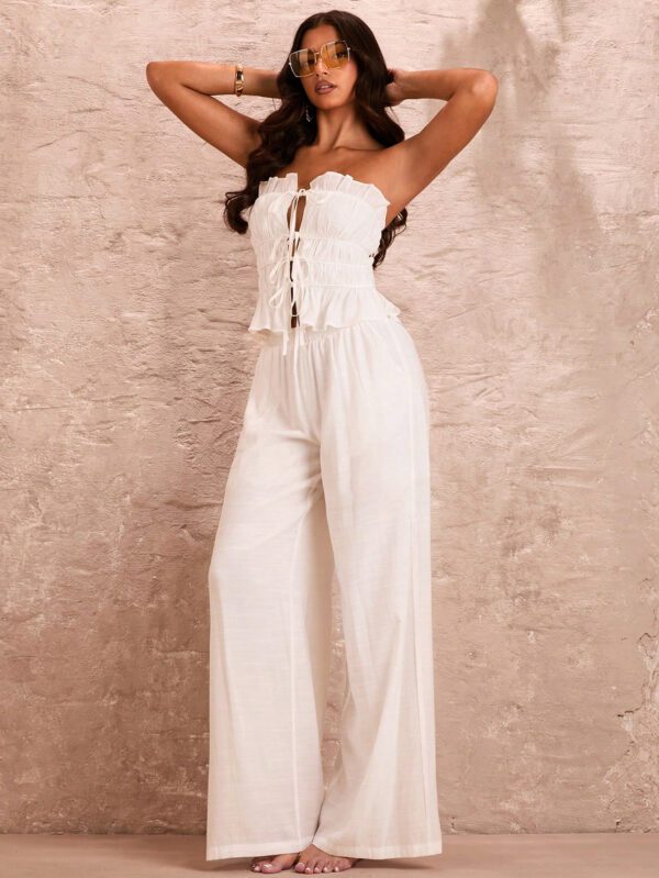 SHEIN BAE Femme romantique vacances d'été plage Sexy haut bandeau blanc unicolore sans manches avec bretelles à couches multiples, bordures en dentelle et à volants