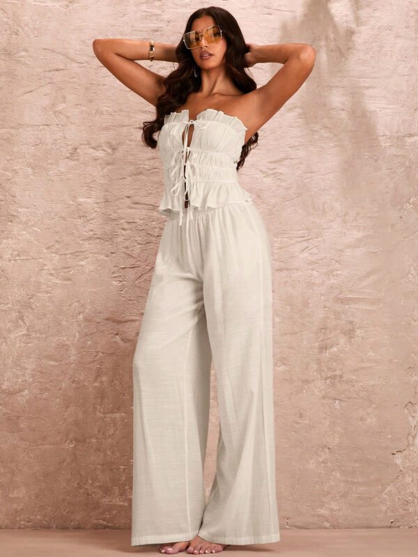 SHEIN BAE Femme romantique vacances d'été plage Sexy haut bandeau blanc unicolore sans manches avec bretelles à couches multiples, bordures en dentelle et à volants – Image 2
