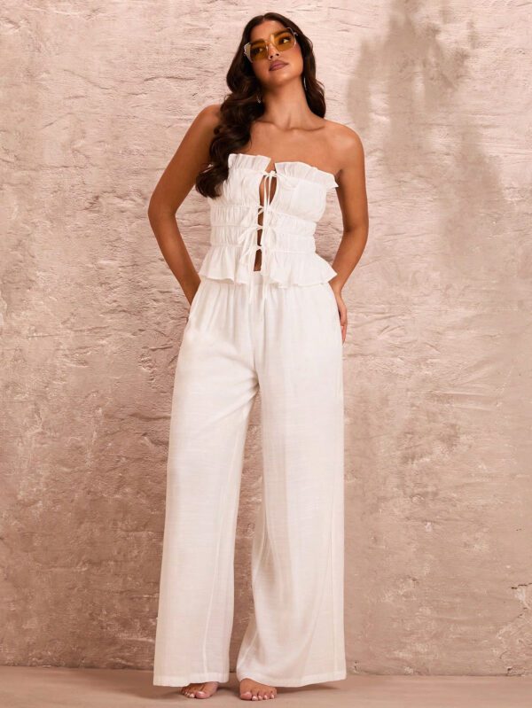 SHEIN BAE Femme romantique vacances d'été plage Sexy haut bandeau blanc unicolore sans manches avec bretelles à couches multiples, bordures en dentelle et à volants – Image 6