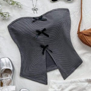SHEIN Dreamara Top tube tricoté pour vacances pour femmes, style casual et ajusté, décoré d'un nœud chic au centre avant, fente avant à l'ourlet, pour soirée ou thé de l'après-midi, superposition pour automne/hiver