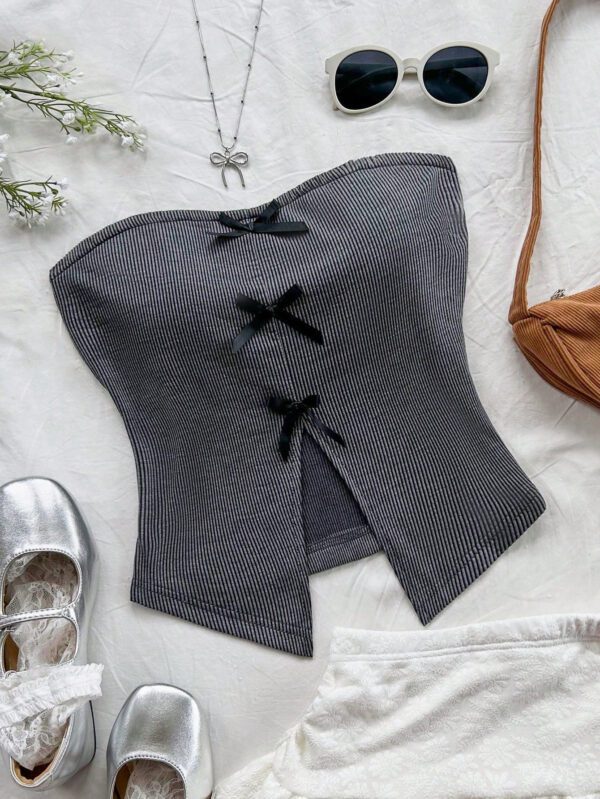 SHEIN Dreamara Top tube tricoté pour vacances pour femmes, style casual et ajusté, décoré d'un nœud chic au centre avant, fente avant à l'ourlet, pour soirée ou thé de l'après-midi, superposition pour automne/hiver