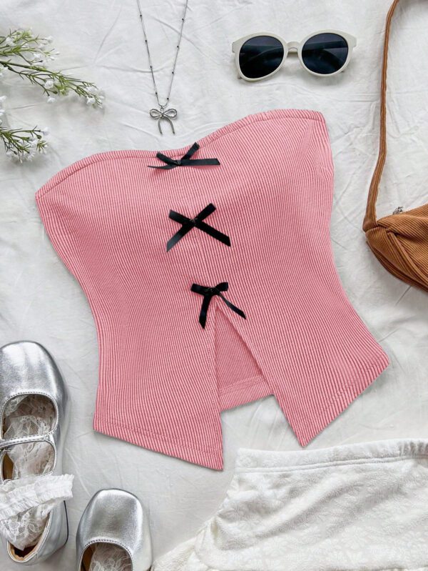 SHEIN Dreamara Top tube tricoté pour vacances pour femmes, style casual et ajusté, décoré d'un nœud chic au centre avant, fente avant à l'ourlet, pour soirée ou thé de l'après-midi, superposition pour automne/hiver – Image 2