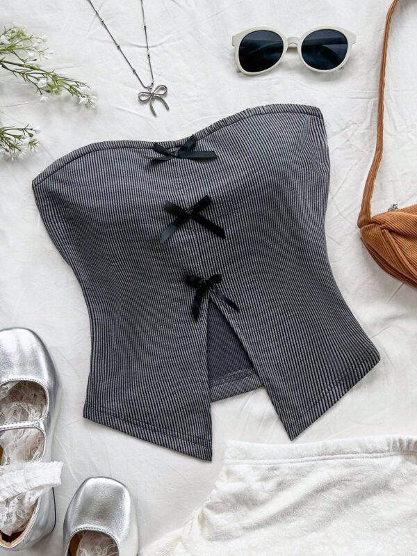 SHEIN Dreamara Top tube tricoté pour vacances pour femmes, style casual et ajusté, décoré d'un nœud chic au centre avant, fente avant à l'ourlet, pour soirée ou thé de l'après-midi, superposition pour automne/hiver – Image 7