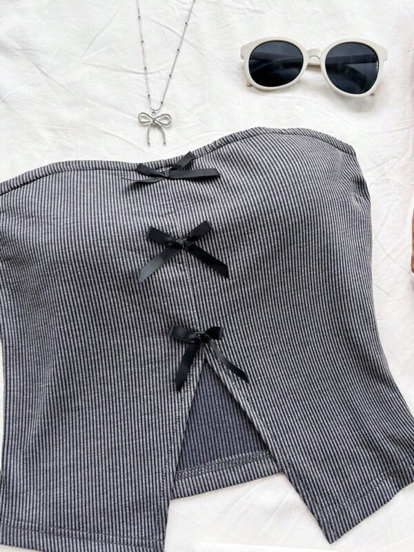 SHEIN Dreamara Top tube tricoté pour vacances pour femmes, style casual et ajusté, décoré d'un nœud chic au centre avant, fente avant à l'ourlet, pour soirée ou thé de l'après-midi, superposition pour automne/hiver – Image 9