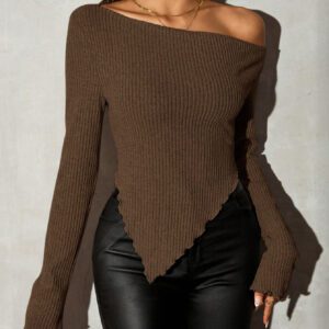 SHEIN SXY T-shirt côtelé au col asymétrique style grunge, hauts de sortie pour femmes en automne