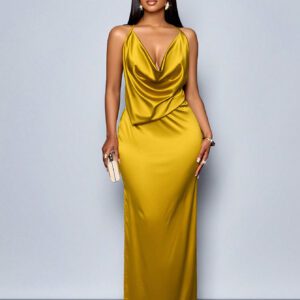 SOLERSUN Convient pour le Noël, les vacances et les rendez-vous. Robe moulante élégante en satin à col drapé sans dos et fente haute, couleur unie. Parfait pour la Saint-Valentin