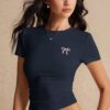 Poéselle Women Casual Versatile Bow Embroidery Slim Fit Short Sleeve T-Shirt