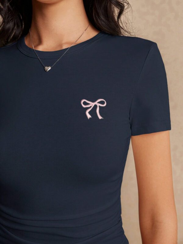 Poéselle Women Casual Versatile Bow Embroidery Slim Fit Short Sleeve T-Shirt – Image 14