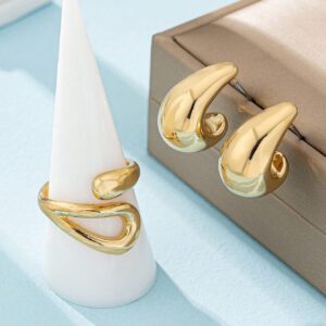 3pcs/Set Minimalist Metallic Geometric Teardrop Polished Bracelet, Ring And Earrings Jewelry Set For Women