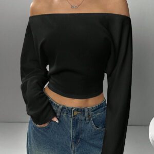 SHEIN EZwear Top court à manches longues et épaules dénudées, couleur unie pour femmes