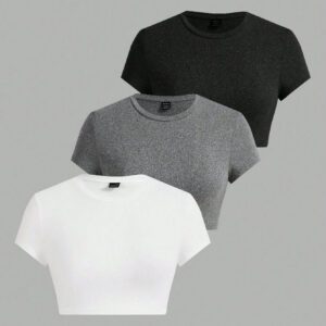 SHEIN PETITE 3 pièces/paquet T-shirts courts décontractés et polyvalents à manches courtes de couleur unie pour femmes