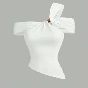 SHEIN MOD T-shirt blanc élégant avec boucle métallique asymétrique à l'épaule, T-shirt de bal, Top de sortie décontracté chic pour femmes, T-shirt sexy, vêtements d'été pour femmes, vêtements de vacances pour femmes, vêtements de Pâques pour femmes