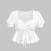 SHEIN MOD T-shirt blanc à encolure en cœur, manches bouffantes, taille cintrée, ourlet à volants, en tissu texturé