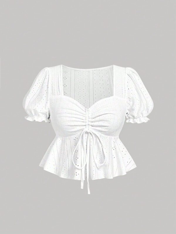 SHEIN MOD T-shirt blanc à encolure en cœur, manches bouffantes, taille cintrée, ourlet à volants, en tissu texturé