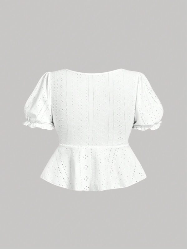 SHEIN MOD T-shirt blanc à encolure en cœur, manches bouffantes, taille cintrée, ourlet à volants, en tissu texturé – Image 2