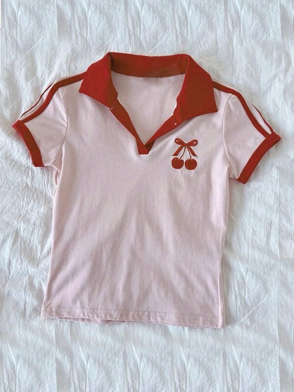 INAWLY T-shirt décontracté à col à revers, manches courtes, motif de cerises bicolores pour femmes