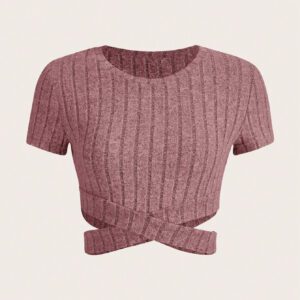 SHEIN EZwear Top casual femme col rond, manches courtes, couleur unie, style ajouré, porté au quotidien
