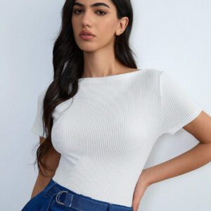 Lumivelle T-shirt d'été pour femme en matière texturée, T-shirt maille blanc slim fit pour femme avec petit col en V