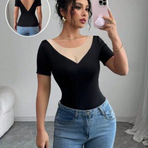 Elenzga Nouveau T-shirt à manches courtes casual ajusté col V avec patchwork en maille