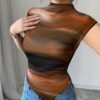 Firerie Nouveau T-Shirt brun casual et polyvalent pour femmes avec ourlet asymétrique tie-dye