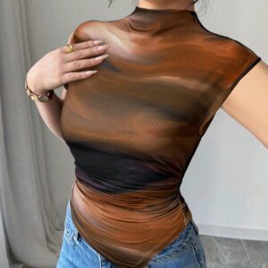 Firerie Nouveau T-Shirt brun casual et polyvalent pour femmes avec ourlet asymétrique tie-dye